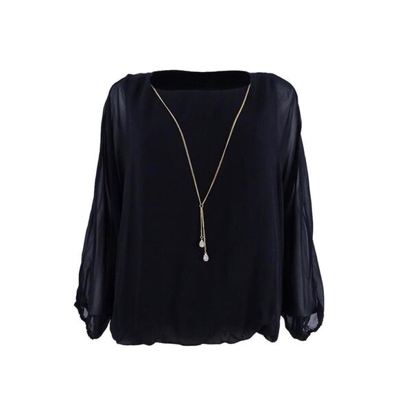 MSK Black Semi Sheer Chiffon Batwing Sleeve Blouse with Gold Rhinestone Chain - Picture 1 of 8